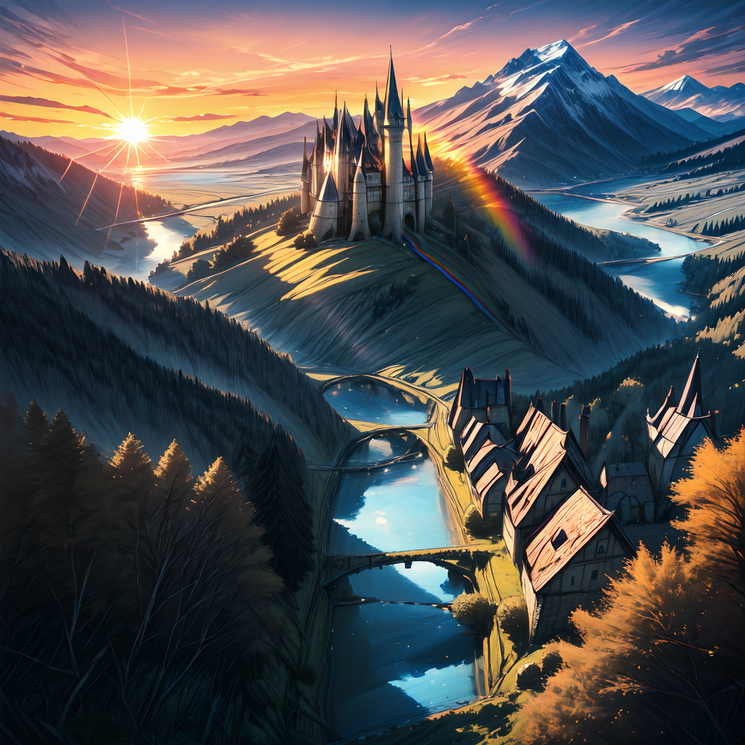masterpiece,best quality,amazing quality, absurdres, <lora:IL_Between_pencils_and_semi-realism_Style:1.4>, medieval, village, castle, mountain, forest, river, rainbow, lens flare, torch, (sunset:1.2),