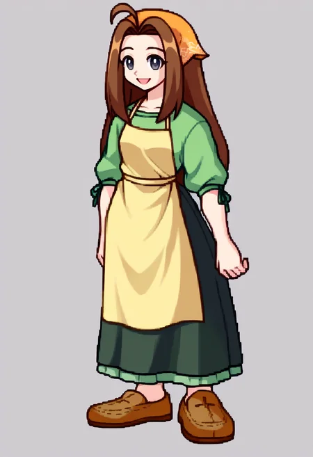 score_9, score_8_up, score_7_up, source_anime, BREAK, solo, 1girl, smile, looking at viewer, <lora:Arcana-Heart-Sprites-pdxl_Fp:1>, simple background, full body, standing, <lora:Celia-pdxl_Fp:1>, celiahm, brown hair, grey eyes, ahoge, long hair, bandana, green shirt, apron, skirt,