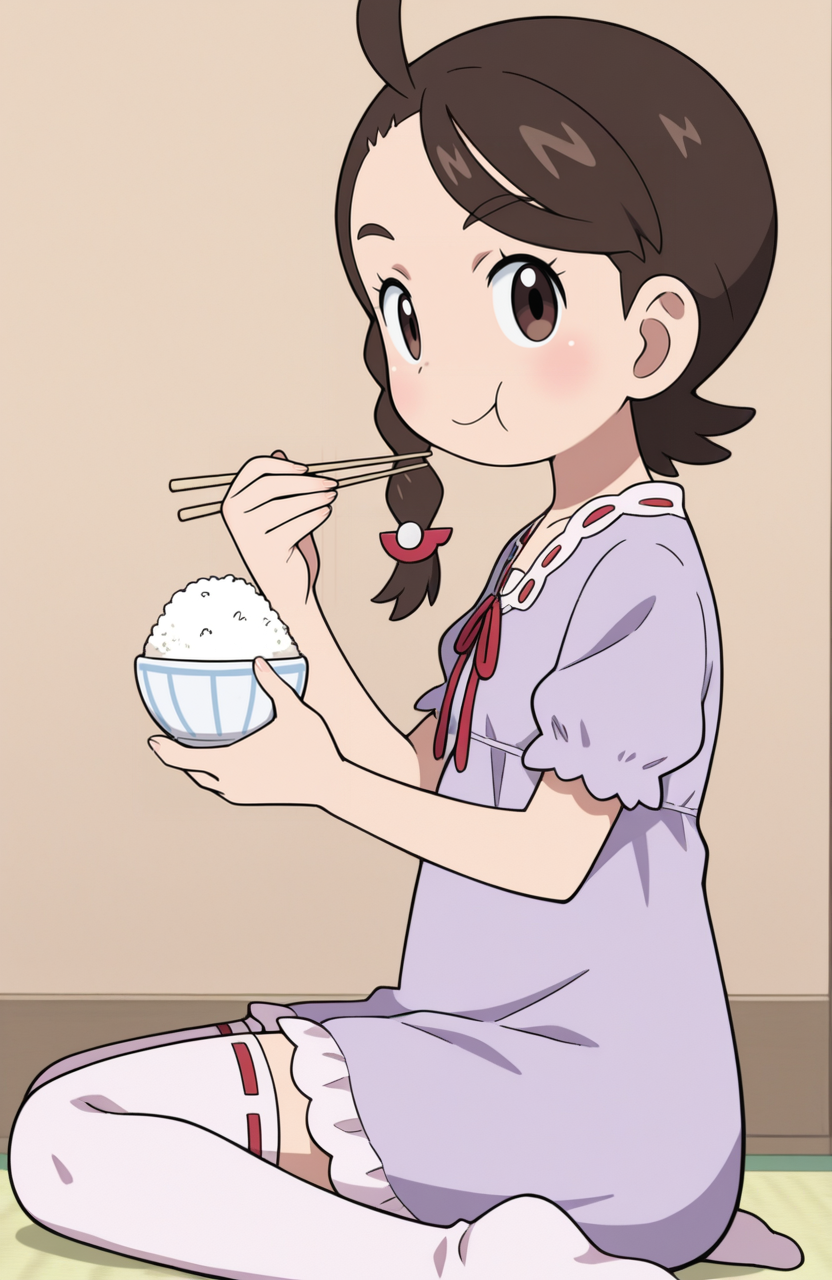 1girl, solo,
juliana \(pokemon\), brown hair, braid, purple nightgown, red ribbon-trimmed thighhighs, no shoes, upper body, holding chopsticks, rice bowl, from side, looking at viewer, eating, satisfied expression,
 <lora:Mitsudomoe:0.9> mitsudomoe, extremely detailed, highres, masterpiece, best quality