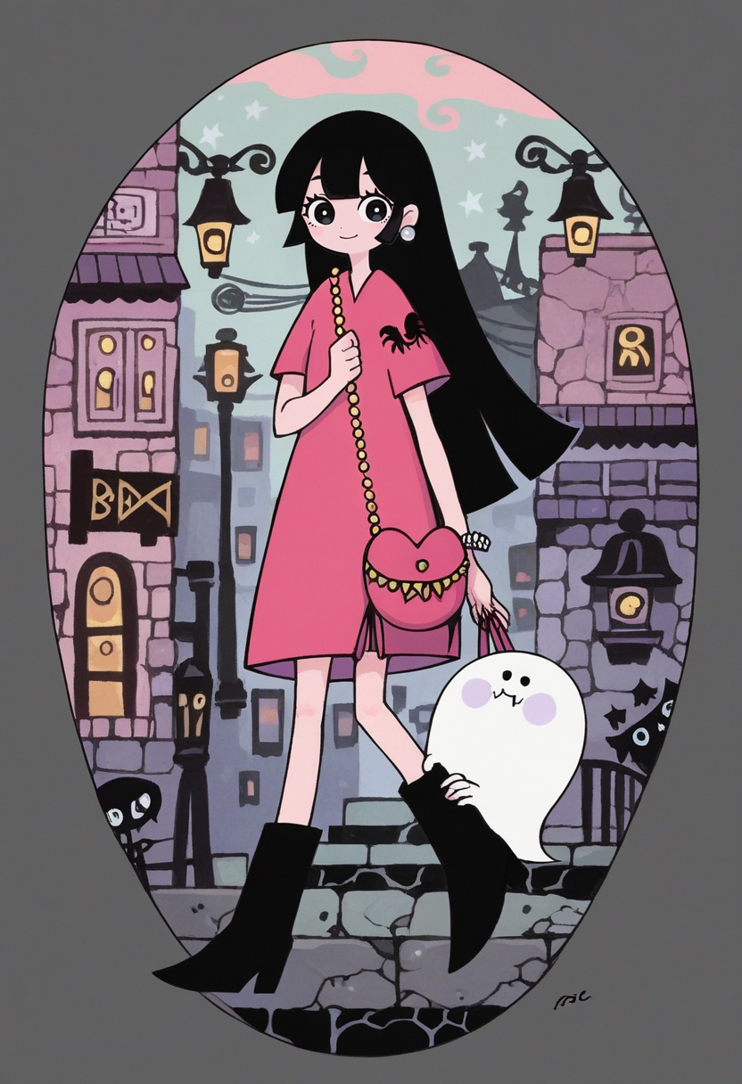 score_9, score_8_up, score_7_up, score_6_up, score_5_up,  garouma, 1girl, black hair, ghost, long hair, jewelry, earrings, black footwear, short sleeves, dress, smile, boots, solo, black eyes, bag, shoulder bag, pink dress, full body, bangs, looking at viewer, <lora:garoumaXLP:1>