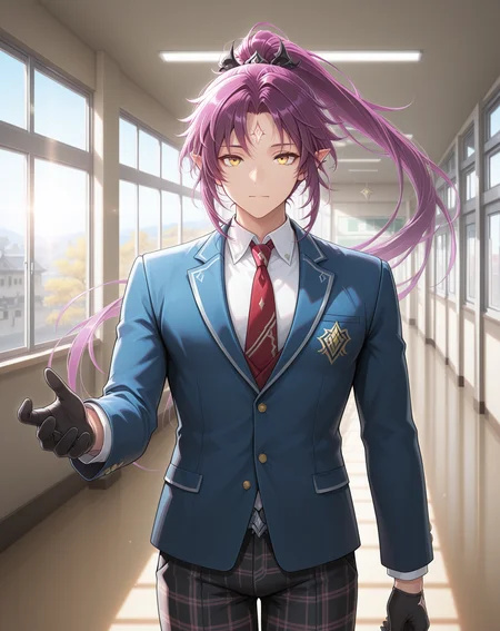 masterpiece,best quality,amazing quality, newest, very aesthetic, absurdres,
1boy, solo, yaoi, male focus, looking at viewer, cowboy shot,
<lora:Veigas_FSI_ilxl:1> veigasfsi, black gloves, forehead mark, pointy ears, purple hair, high ponytail,yellow eyes, floating hair,
school uniform, white shirt, collared shirt, blue jacket, red necktie, black pants, plaid pants,
indoors, school, hallway, window, day, sun,