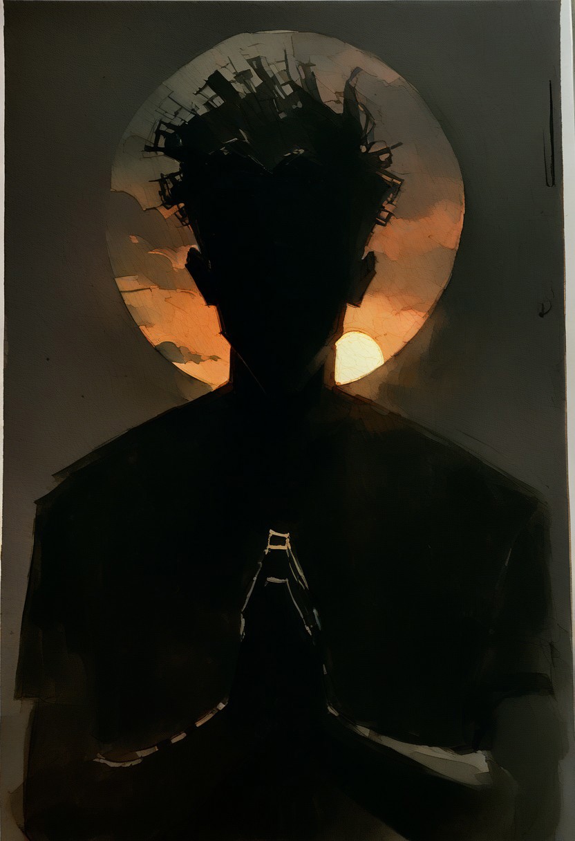 score_9, score_8_up, score_7_up, score_6_up, 1boy, watercolor painting, cowboy shot, man praying to the sun, solo, paper clouds, sinister, eerie, sunset, dark background, shadows, expressive, desperate, watercolor painting, ((charcoal sketch)), Open-Impressionism