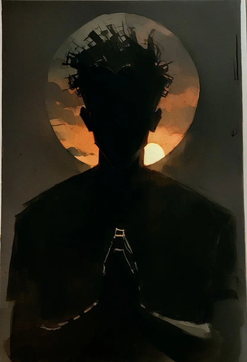 score_9, score_8_up, score_7_up, score_6_up, 1boy, watercolor painting, cowboy shot, man praying to the sun, solo, paper clouds, sinister, eerie, sunset, dark background, shadows, expressive, desperate, watercolor painting, ((charcoal sketch)), Open-Impressionism