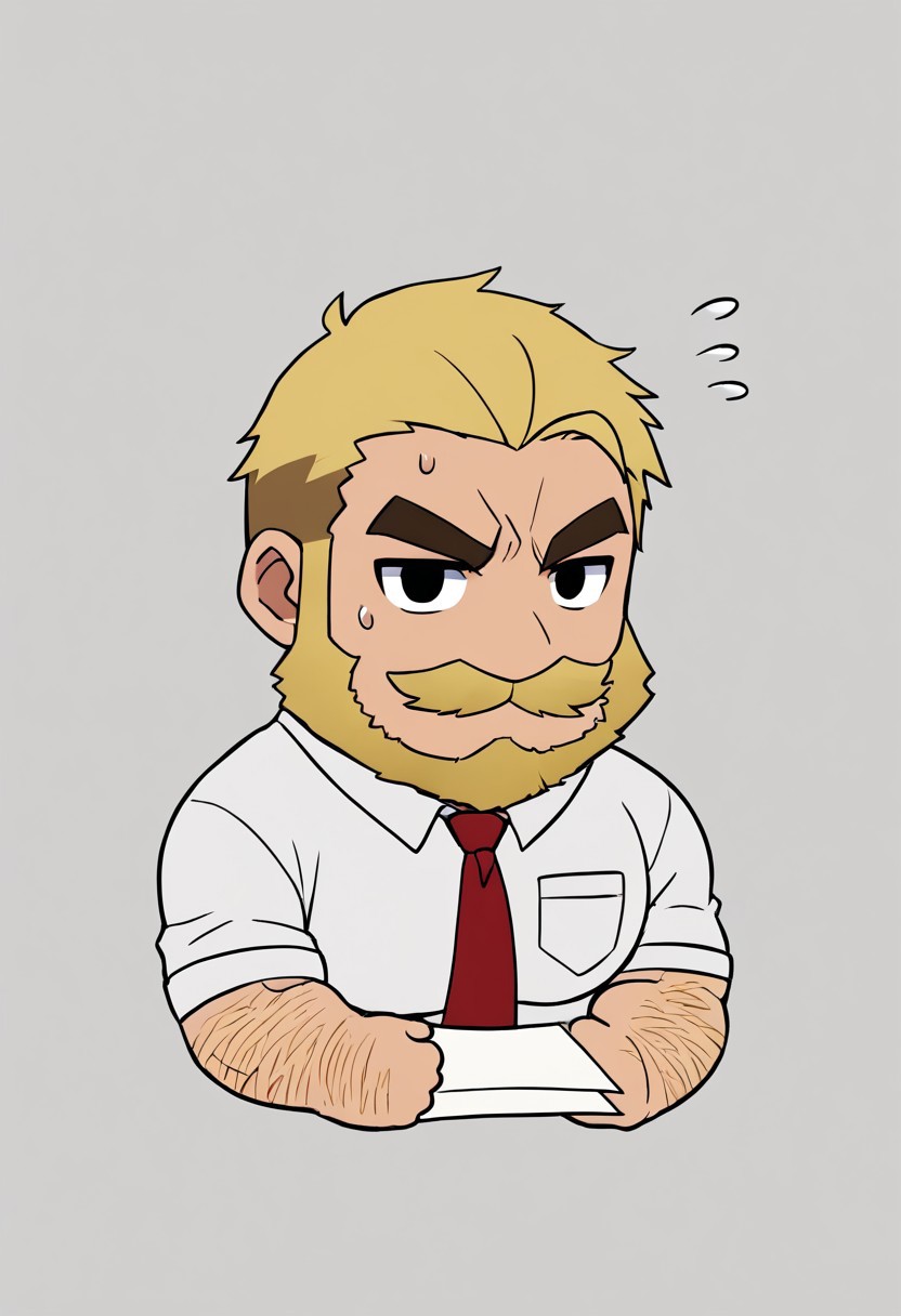 cccch, solo, short hair, full body, blonde hair, simple background, shirt, 1boy, white background, holding, white shirt, showing pecs, big nipples, collared shirt, chibi, sweatdrop, black eyes, facial hair, flying sweatdrops, thick eyebrows, red necktie, beard, paper, mustache, flat color, holding paper, arm hair, male focus, text, background, bodybuilder, huge muscles, bara