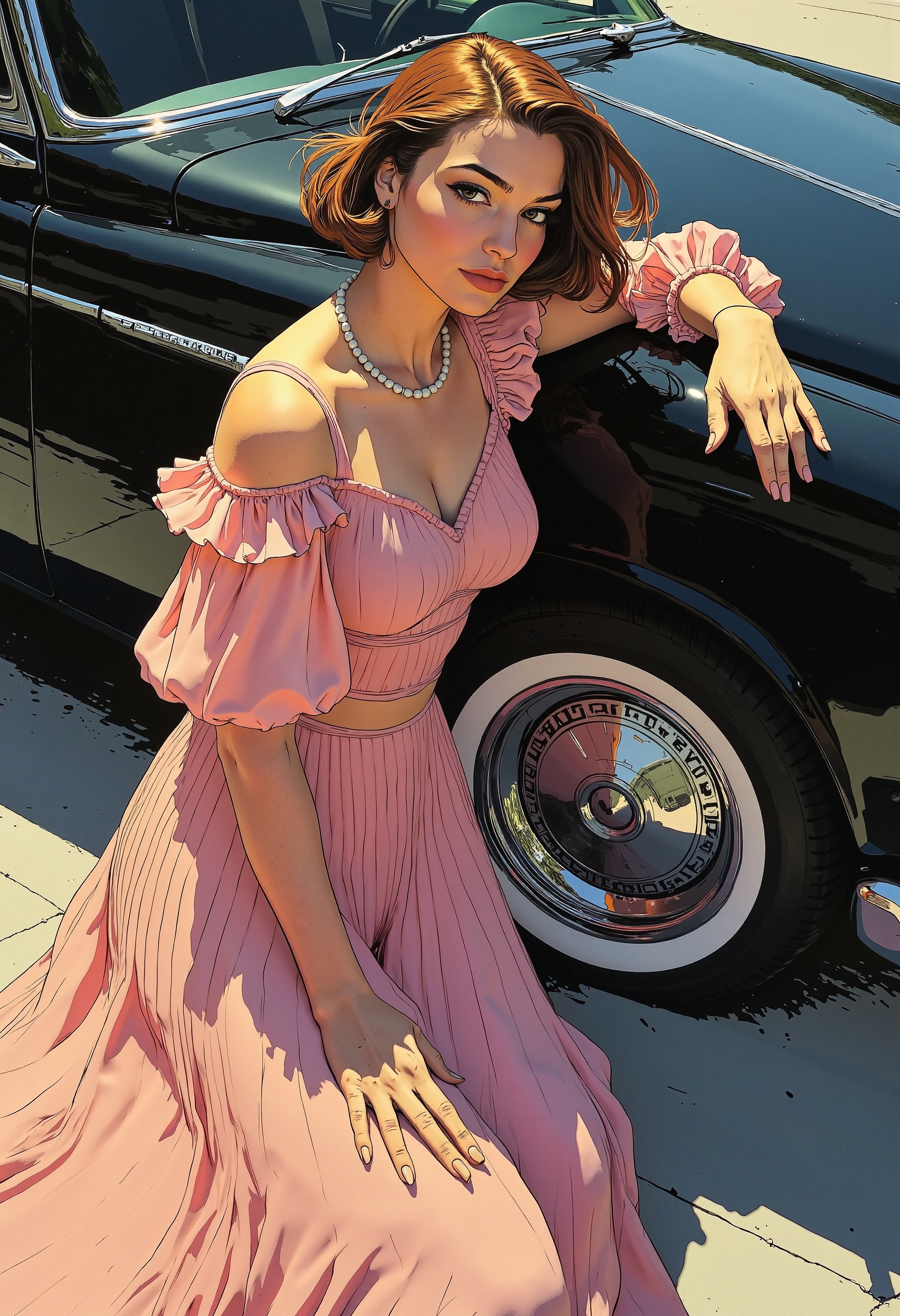 "A stunning cel-shaded portrait of a graceful woman dressed in a flowing pastel-pink gown with intricate pleats. She leans elegantly against a vintage black car, her left hand resting delicately on the hood while her right arm is extended slightly, her fingers relaxed. Her head is tilted gently to the side, her gaze serene yet captivating. The scene is bathed in soft natural light, and the reflections on the car's polished surface are rendered in sharp, graphic detail. The cel shading emphasizes the silky texture of her dress and the delicate pearl necklace she wears."
 <lora:FluxDFaeTasticDetails:0.2> <lora:Comic_Style_-_FLUX:0.8>