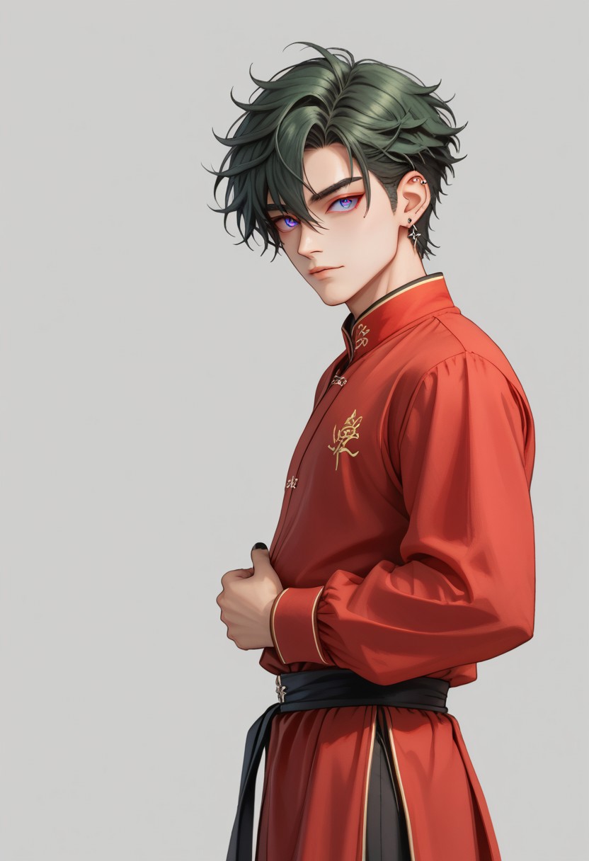 score_9, score_8_up, score_7_up, rating safe, 8k portrait, 1 boy,solo, full body, cowboy_shot, male focus, AntherimA, purple circular eyes, slit pupils, dark green hair, hair between eyes, asymmetrical hair parting, light_red_eyeshadow, ((1_earstud_left_side)), 20 years old, stoic pose, chinese_royal, chinese_clothing, dynamic pose, long large sleeves, red clothing, black_waistband, long flowing fabrics,layered clothing , black nail varnish, highly detailed, professional photography, masterpiece, (finely detailed beautiful eyes: 1.2), hdr, black_background
