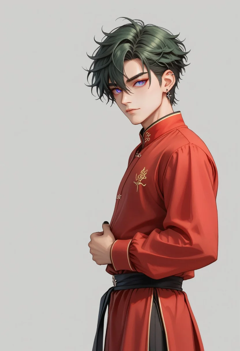 score_9, score_8_up, score_7_up, rating safe, 8k portrait, 1 boy,solo, full body, cowboy_shot, male focus, AntherimA, purple circular eyes, slit pupils, dark green hair, hair between eyes, asymmetrical hair parting, light_red_eyeshadow, ((1_earstud_left_side)), 20 years old, stoic pose, chinese_royal, chinese_clothing, dynamic pose, long large sleeves, red clothing, black_waistband, long flowing fabrics,layered clothing , black nail varnish, highly detailed, professional photography, masterpiece, (finely detailed beautiful eyes: 1.2), hdr, black_background