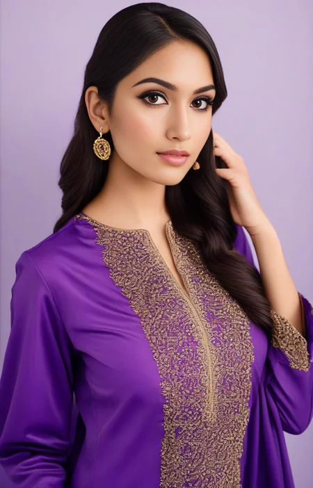 glamor photo of a 25_year old desimocha  woman, studio quality, in a purple pakistani dress, canon 5D, realistic skin texture, skindentation, flat white background, <lora:DesiCoffee_SDXL_20_LoRA:1> <lora:pakistanidress:0.7>