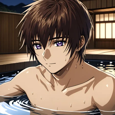 ASCII masterpiece, best quality, solo, headshot, kira_yamato, 1man, hair parted to the left, shirtless, slim lean body, sweaty, detailed reflective light purple eye, (light brown skin tone: 1.1), submerged in an outdoor onsen, 4k, 8k, intricate detail, soft lighting,