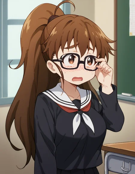 score_9, score_8_up, score_7_up, source_anime, <lora:popura-taneshima-s2-ponyxl-lora-nochekaiser:1>, popura taneshima, long hair, brown hair, brown eyes, ponytail, ahoge, large breasts,, <lora:jimiko-ponyxl-lora-nochekaiser:1>, jimiko, glasses, black-framed eyewear, messy, unkempt, thick eyebrows, twintails, braids, freckles, baggy eyes,, blush, open mouth, embarrassed, classroom, adjusting eyewear, serafuku, black serafuku, red neckerchief, skirt, black skirt, pleated skirt, cowboy shot, <lora:averting-eyes-ponyxl-lora-nochekaiser:1>, averting eyes,