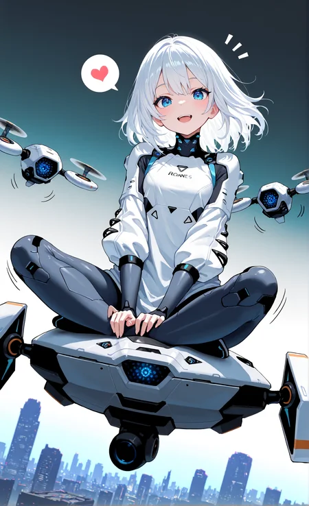 masterpiece, sharp detail, intricate detail, 1girl, medium hair, white hair, blue eyes, smile, looking at viewer, dynamic angle, dutch angle, motion lines, motion blur, sitting on drone, indian style, spoken heart, drones, open mouth, <lora:Improved Anime Drones:0.8> science fiction, gradient background, soft gradient, cityscape background,