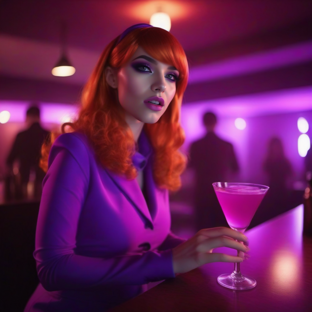 cinematic photo a woman dressed a puple having a cocktail in an haunted pub <lora:DaphneBlake1024:0.8> . 35mm photograph, film, bokeh, professional, 4k, highly detailed