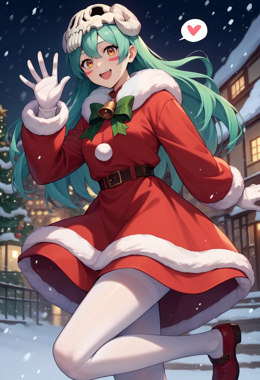 score_9, score_8_up, score_7_up, source_anime, christmas, solo, 1girl, odelschwanck, happy, looking at viewer, waving, spoken heart, skull, fur trim, red dress, long sleeves, gloves, white pantyhose, snowing, outdoors <lora:bleach_odelschwanck_ponyXL:1>