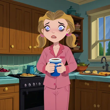 score_9, score_8_up, score_7_up, 1girl, solo,
pale-skin, light blue eyes, medium-length blonde hair, pigtails with pink hair ties, pink pajamas, 
 perfect hands, show accurate, perfect anatomy, med body,
indoors, small perky breasts, kitchen, hand on hip, loose clothing, holding a cup of coffee in hand, sleepy eyes, bags under eyes, loose clothes,
