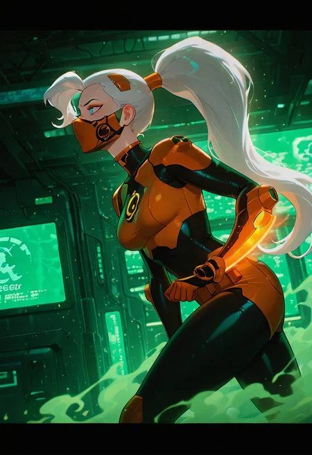 masterpiece, best quality, amazing quality, very aesthetic, absurdres, newest, ((screencap, parody, cartoon))
drewsat, 1girl, long hair, white hair, ponytail, blue eyes, makeup, lipstick, eyeshadow,
armor,, orange bodysuit
expressive face,
cyberpunk city, cyberpunk scene, futuristic mouth mask, mouth mask, futuristic mask, orange mask, arm blade, glowing orange blade, dynamic pose,, green theme, sci fi lab, exploring, side view, movie scene, bladerunner 2049, sci fi movie, futuristic lab, green smoke, from side,