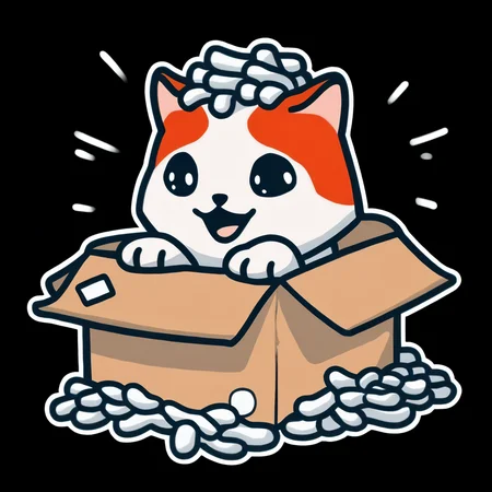 masterpiece, best quality, marseystyle,
solo, domestic cat, in box, (packing peanuts) on head, :3, :D, paws, white fur, orange fur, black eyes, black background
<lora:marseystyle:1>