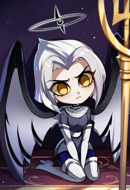 1girl, <lora:lute_hazbin_hotel_ponyxl_v1:0.9>, lute, doll, chibi, sitting, blue floor, head tilt, empty eyes, yellow sclera, frown, sad, purple wall, polearm, solo, wings, elbow gloves, grey dress, white sash, purple pantyhose, thigh boots, black halo, chainmail collar,
BREAK
score_9, score_8_up, score_7_up, masterpiece, best quality