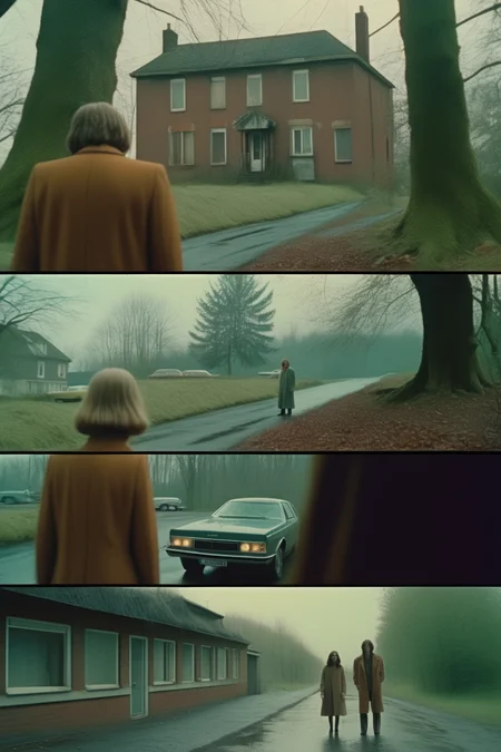 <lora:Director Lars von Trier style:1>Director Lars von Trier style - Cinematic Style Medium-Full Photo of scenes from a 70s murder mystery thriller film, weird locations, people doing strange things, serial killer, science fiction, outdoors, strange encounters, in the style of natural light, people, weird light, atmospheric locations, entities, shot on Agfa Vista 400,