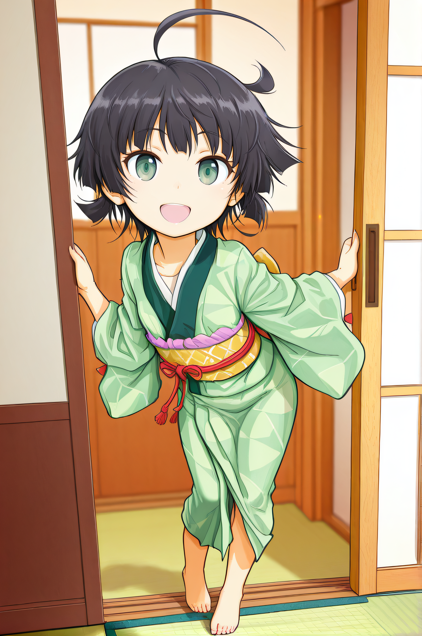masterpiece, best quality, 1girl, solo, original artstyle, <lora:Zara_Style:1>, zarastyle, black hair, green eyes, green kimono, japanese clothes, chibi, full body, barefeet, smile, open mouth, ahoge, looking at viewer