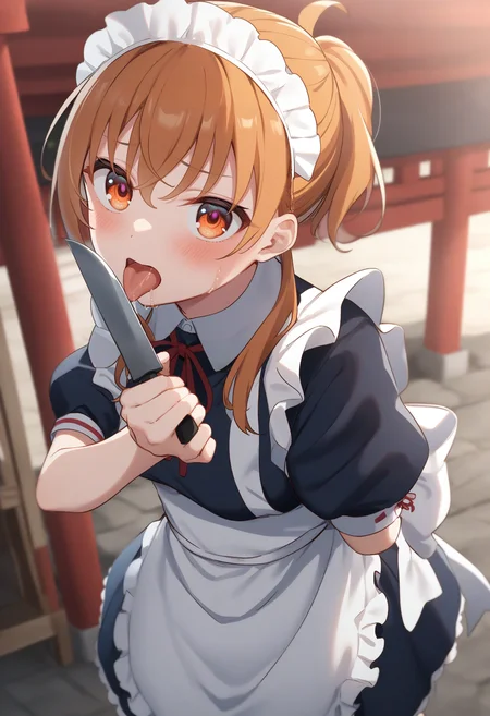 1girl,sincos, ningen mame, toosaka asagi,solo,medium breasts,20yo,maid,maid headdress,
licking knife, <lora:lickingknife_XL_v1:0.8>
tongue out, holding knife, blood,saliva,
from behind, feet out of frame, looking up, orange hair, orange eyes,grimace, shrine, open mouth, short ponytail hair,,
best quality, very aesthetic, absurdres