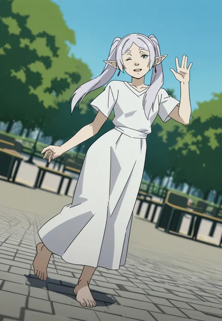 LoVM Style, Frieren, one eye closed, solo, looking at viewer, gentle smile, standing, depth of field, open mouth, full body, feet, dutch angle, outside, public park, sunny,1girl