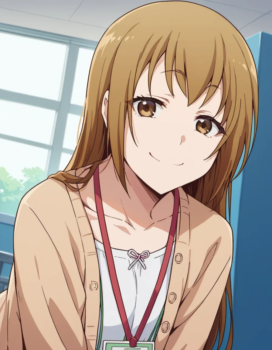 score_9, score_8_up, score_7_up, source_anime, <lora:saya-miyoshi-s1-ponyxl-lora-nochekaiser:1>, saya miyoshi, long hair, brown hair, brown eyes,, collarbone, cardigan, id card, lanyard,, indoors, bent over, smile, smug, looking at viewer, solo,, cowboy shot, dutch angle