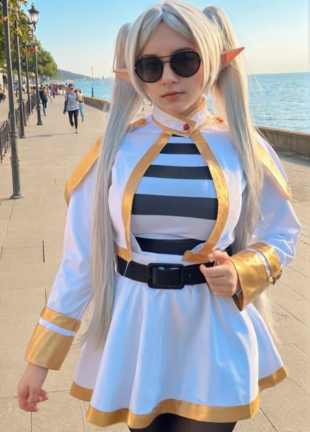 photo of beautiful woman, Beach promenade, seductive, with black sunglasses on top of head, masterpiece, (best quality) (detailed) (8k) (HDR) (wallpaper) (cinematic lighting) (sharp focus) (intricate) <lora:Frieren_cosplay:0.8> UZ_frieren_cosplay, frieren, long hair, twintails, elf, white capelet, striped shirt, horizontal stripes, long sleeves, belt, white skirt, gold-trim, black pantyhose,