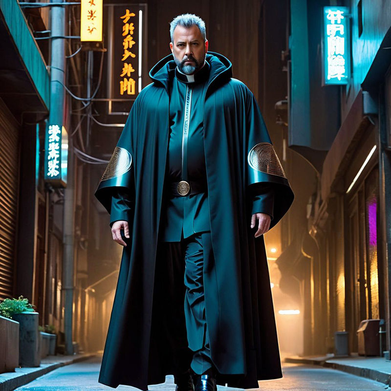 (50-year-old overweight hairy man) In the chilling dystopian cityscape of a Cyberpunk future, a 50-year-old man with a commanding presence, dons an ensemble that seamlessly blends the roles of a priest, librarian, and writer. His figure is obscured by layers of bulky yet futuristic clothes that shield him from the biting cold.
The centerpiece of his attire is a high-tech priestly robe, reminiscent of traditional religious garments but adorned with futuristic embellishments. The robe cascades down to his feet, its surface reflecting a subtle sheen. Over this, he wears a cloak with hair, inspired by the avant-garde style of Adrienn Henczn Deki, which not only adds an element of otherworldliness but also serves as an extra layer of protection against the cold winds that sweep through the neon-lit streets.
The cloak is carefully designed with stylized sun tattoos on the right eye, drawing inspiration from the artistry of Olivia de Berardinis. These tattoos glow faintly, adding an ethereal quality to his appearance. His short hair peeks out from under the cloak, hinting at a meticulous grooming routine.
Underneath the priestly robe, the man sports futuristic layered clothes. Bulky pants made of advanced materials shield him from both the cold and any potential threats lurking in the shadows. His ensemble is completed by a pair of heavy-duty boots that enhance his imposing stature.