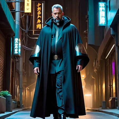 (50-year-old overweight hairy man) In the chilling dystopian cityscape of a Cyberpunk future, a 50-year-old man with a commanding presence, dons an ensemble that seamlessly blends the roles of a priest, librarian, and writer. His figure is obscured by layers of bulky yet futuristic clothes that shield him from the biting cold.
The centerpiece of his attire is a high-tech priestly robe, reminiscent of traditional religious garments but adorned with futuristic embellishments. The robe cascades down to his feet, its surface reflecting a subtle sheen. Over this, he wears a cloak with hair, inspired by the avant-garde style of Adrienn Henczn Deki, which not only adds an element of otherworldliness but also serves as an extra layer of protection against the cold winds that sweep through the neon-lit streets.
The cloak is carefully designed with stylized sun tattoos on the right eye, drawing inspiration from the artistry of Olivia de Berardinis. These tattoos glow faintly, adding an ethereal quality to his appearance. His short hair peeks out from under the cloak, hinting at a meticulous grooming routine.
Underneath the priestly robe, the man sports futuristic layered clothes. Bulky pants made of advanced materials shield him from both the cold and any potential threats lurking in the shadows. His ensemble is completed by a pair of heavy-duty boots that enhance his imposing stature.