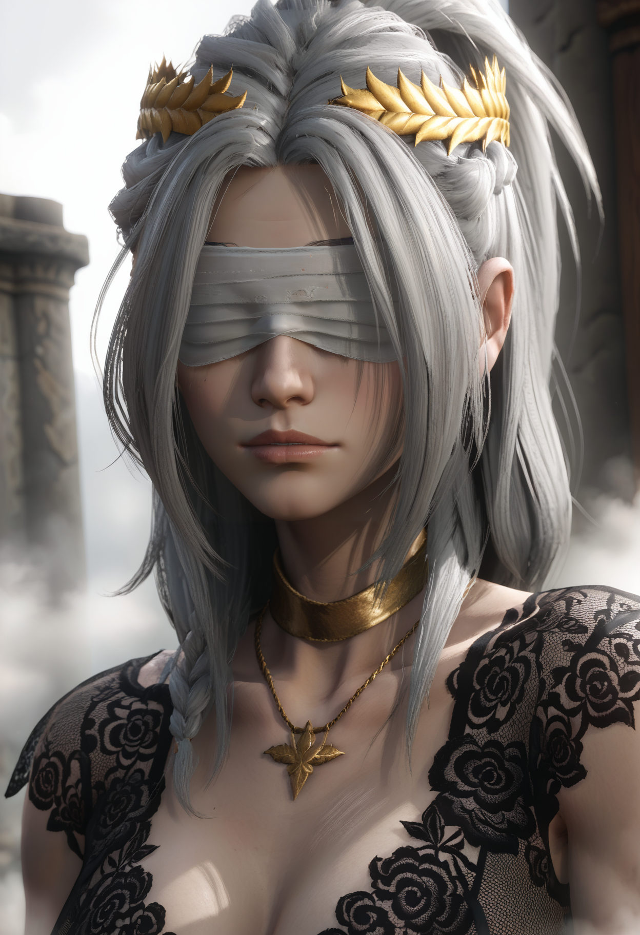 score_9, score_8_up, score_7_up,
simple background, fog,
1girl, solo, d4rk1dr1el, grey hair, half up braid, bandages over eyes, laurel crown, black chemise, lace, gold choker, gold necklace,
((portrait, close-up)), depth of field,
<lora:Dark_Idriel_Pony_v08:0.75>
