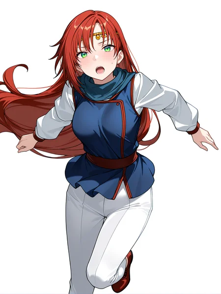 masterpiece,best quality,newest,absurdres,highres,very awa,
1girl,solo,
<lora:elenoa_ilxl_v3.9:1>,elenoa,red hair,very long hair,green eyes,
e_circlet,
e_02clothes,long_sleeves,white sleeves,blue clothes,white pants,red shoes,<lora:Fixhands_anime_bdsqlsz_V1:1>,open mouth,white_background,simple_background,looking_at_viewer,running,embarrass,dynamic_angle,cinematic_angle,dutch angle,