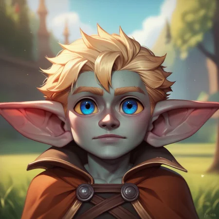 (((beautiful, high quality))), upper body, score_9, score_8_up, score_7_up, solo,
looks at the viewer,
Goblin, shortstack, short stature, pointed ears, big eyes, 1boy, male focus, blond hair, blue eyes, gray skin, fantasy cape,
outdoor, fantasy background, nature, blurred background,