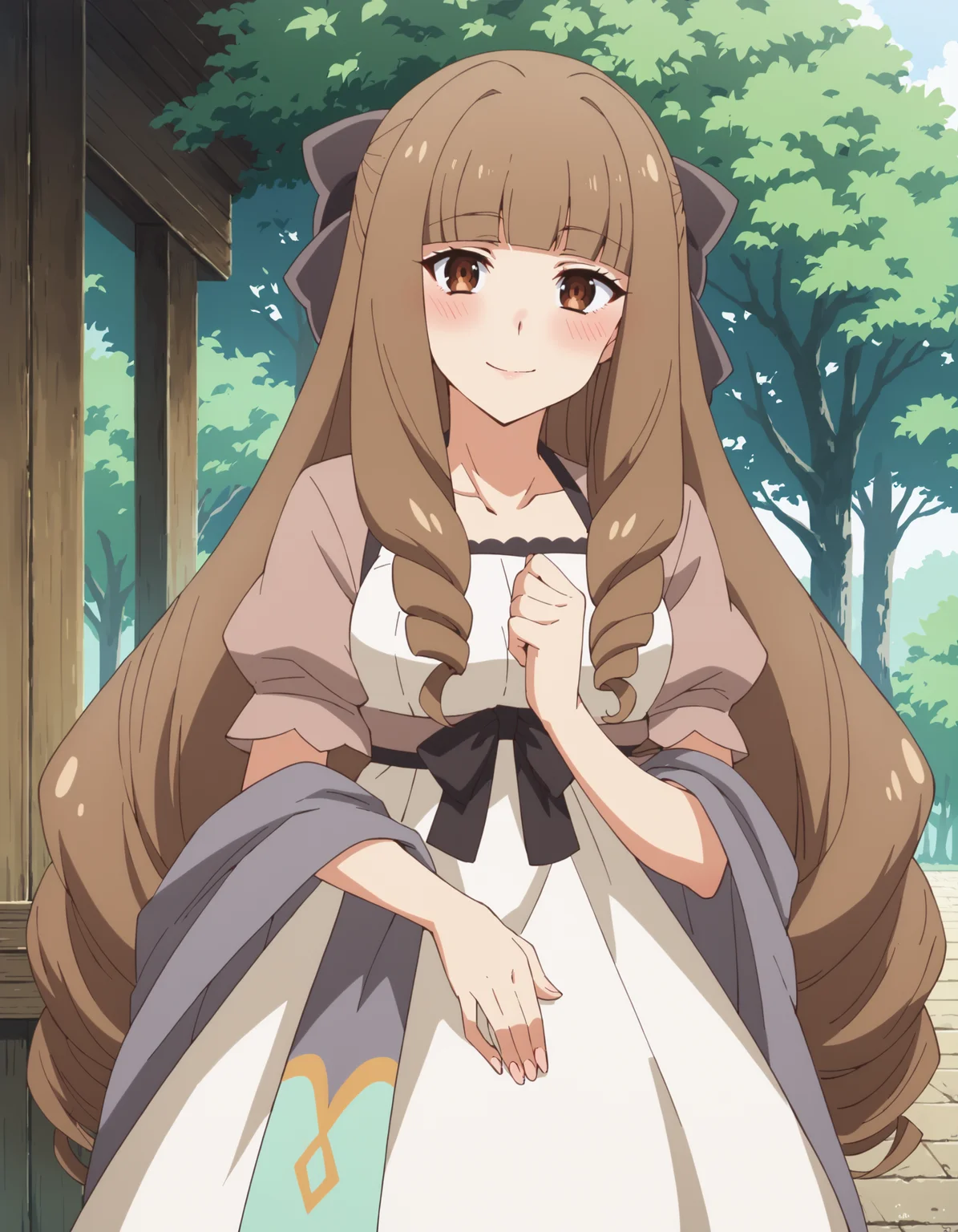 score_9, score_8_up, score_7_up, score_6_up, score_5_up, score_4_up, anime coloring
BREAK
elizabeth_olis, 1girl, solo, brown hair, drill sidelocks, very long hair, brown eyes, sundress, hair bow, short sleeves, shawl, looking at viewer, blush, smile
BREAK
nature
<lora:elizabeth_Lv2karaCheat_ponyxl_v01:1>