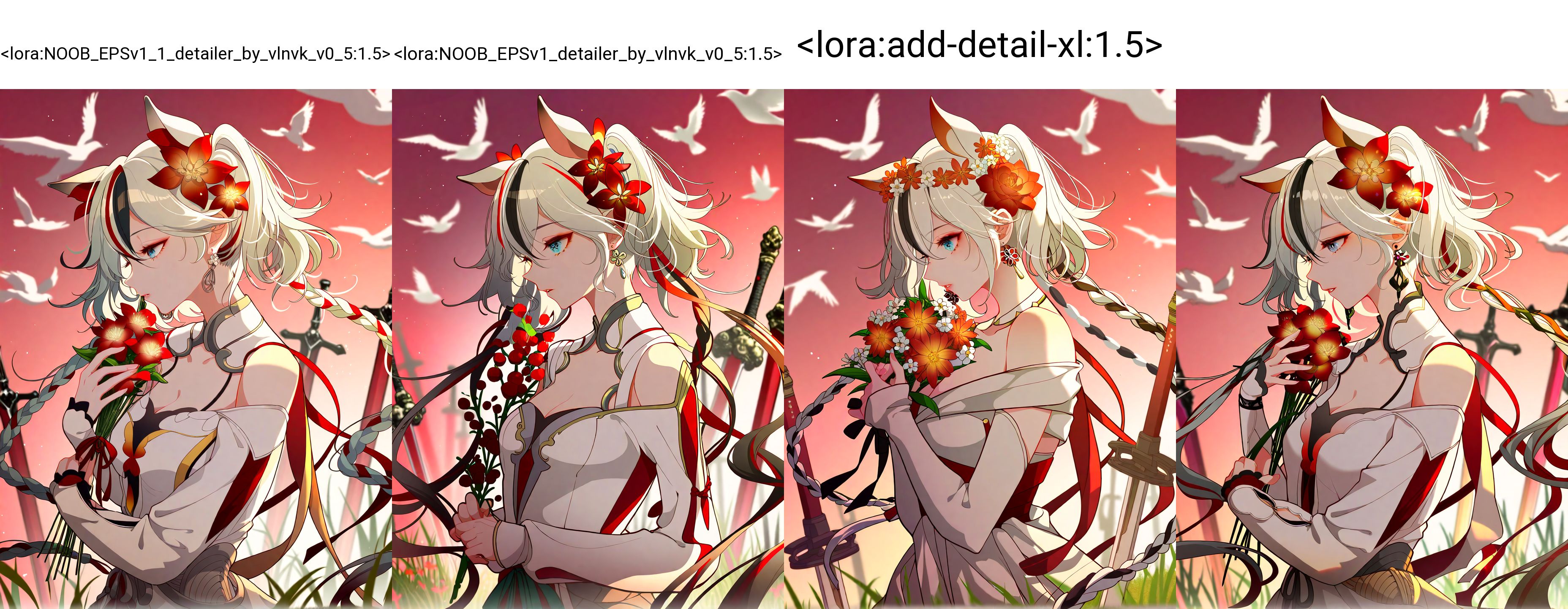 1girl,,camellya \(wuthering waves\),,::, (by kana616:0.8), [(by hen-tie:1.3)|(by kagami_\(galgamesion\):1.2)], (by kinokohime:1.2), (by yatsuha_\(hachiyoh\):0.8), year 2024,,parted lips, looking at animal, upper body, profile, holding, centauroid, holding bouquet,,streaked hair, hair flower, multicolored hair, breasts, hair ornament, hair between eyes, jewelry, twintails, white hair,,animal ears, deer girl, flower wreath, white bird, off-shoulder shirt, shirt, sleeves past wrists, deer ears, off shoulder, head wreath, long sleeves,,blurry background, depth of field, bokeh, planted sword, red background, planted, red theme, bird, grass, flower, very awa, masterpiece, best quality, newest, highres, absurdres
 <lora:NOOB_EPSv1_1_detailer_by_vlnvk_v0_5:1.5>