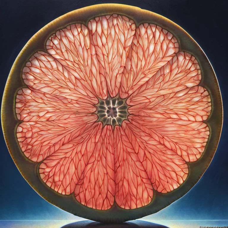a hyper realistic image of a translucent thin slice of a grapefruit fruit, backlit with a dark blue background, fruityslices style
<lora:FruitySlicesXL-000005:1.0>
<lora:FruitySlicesXL-000005:1.0>