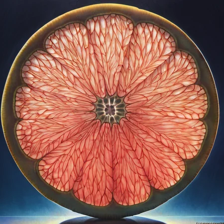 a hyper realistic image of a translucent thin slice of a grapefruit fruit, backlit with a dark blue background, fruityslices style
<lora:FruitySlicesXL-000005:1.0>
<lora:FruitySlicesXL-000005:1.0>