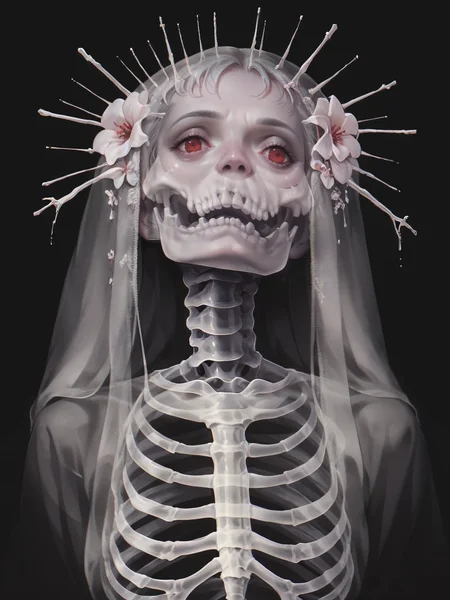 score_9, score_8_up, score_7_up, score_6_up, score_5_up, gh0stly, black background, skeleton, horror (theme), <lora:Gh0stlyXLP:0.7> long hair, red eyes, flowers