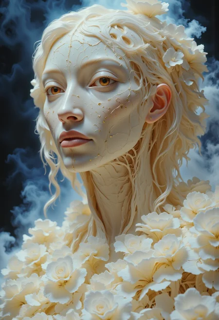 Close-up portrait of a statue of a woman. Her head and body are made of ivory and smooth with numerous, glowing, fine, hairline cracks covering the head and down her neck creating an organic mosaic pattern. She is biomechanical. Her eyes are an intense hazel color with black eyeshadow, and her lips are a rich, deep red color. A spot light focuses on her eyes, creating strong highlights and shadows. The light background is softly blurred showing a sea of white rose petals, but is blurred and out of focus so all visual attention is on the woman's eyes, nose and mouth. Her hair is stark white and falls around the lower half of the image. She is blending in with the background. She is looking at the viewer intensely. Blue and white smoke surround her body. She is like a bust. The overall impression is one of dramatic beauty, with an almost otherworldly quality. (((ultra-realistic style))), realistic soft lighting, eye-catching, atmospheric lighting, smokey environment, natural, shallow depth of field, (highlights: 0.8), high detail (dynamic, sincere, cinematic shot, film grain, bokeh, depth of field)