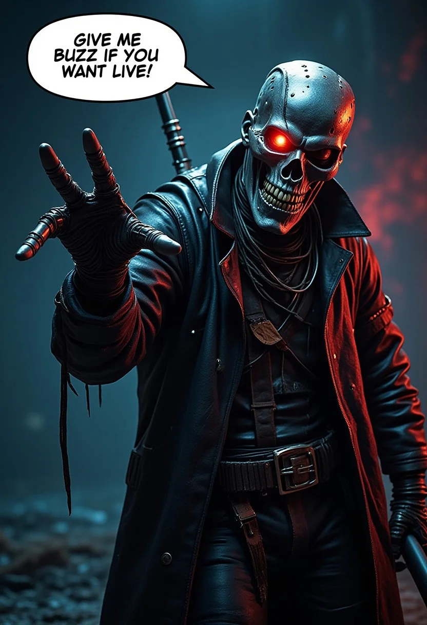 A realistic scene, The terminator, in leather clothing, one robotic red eye, reaching is left hand to the viewer, saying in a large speech bubble, "GIVE ME BUZZ IF YOU WANT TO LIVE!", on the right hand holds a shotgun, pointing up, detailmaximizer,