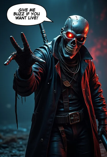 A realistic scene, The terminator, in leather clothing, one robotic red eye, reaching is left hand to the viewer, saying in a large speech bubble, "GIVE ME BUZZ IF YOU WANT TO LIVE!", on the right hand holds a shotgun, pointing up, detailmaximizer,