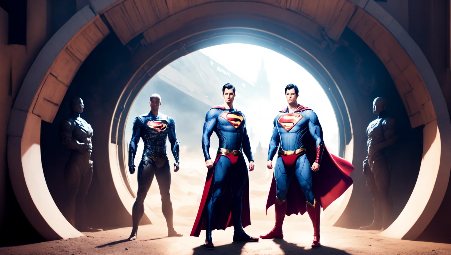 photo, superman (thnos:0.5) standing in front of, a tunnel (BaroqueWarrior style:1) (ToweringPortal style:0.8) <lora:djzToweringPortalV21:0.8>  <lora:thanos1521768Lora_sd21768:0.4>