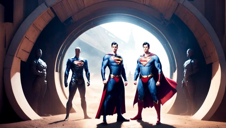photo, superman (thnos:0.5) standing in front of, a tunnel (BaroqueWarrior style:1) (ToweringPortal style:0.8) <lora:djzToweringPortalV21:0.8> <lora:thanos1521768Lora_sd21768:0.4>
