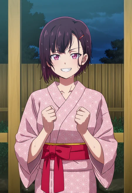 <lora:Shizuka Mikazuki-000018:1>,
Shizuka Mikazuki,smile,japanese clothes,solo,hairclip,short hair,kimono,grin,looking at viewer,pink kimono,wet,clenched hands,yukata,sash,fence,teeth,wet hair,asa no ha \(pattern\),red belt,red bow
