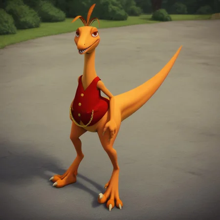 score_9, score_8_up, score_7_up, score_6_up, score_5_up, score_4_up, source_furry, dtmrconductorv2, semi-anthro, male, Troodon, orange skin, brown eyes, dinosaur, feather hair, red vest, gold buttons, gold chain, outside, open clothes, bedroom eyes, seductive, open vest