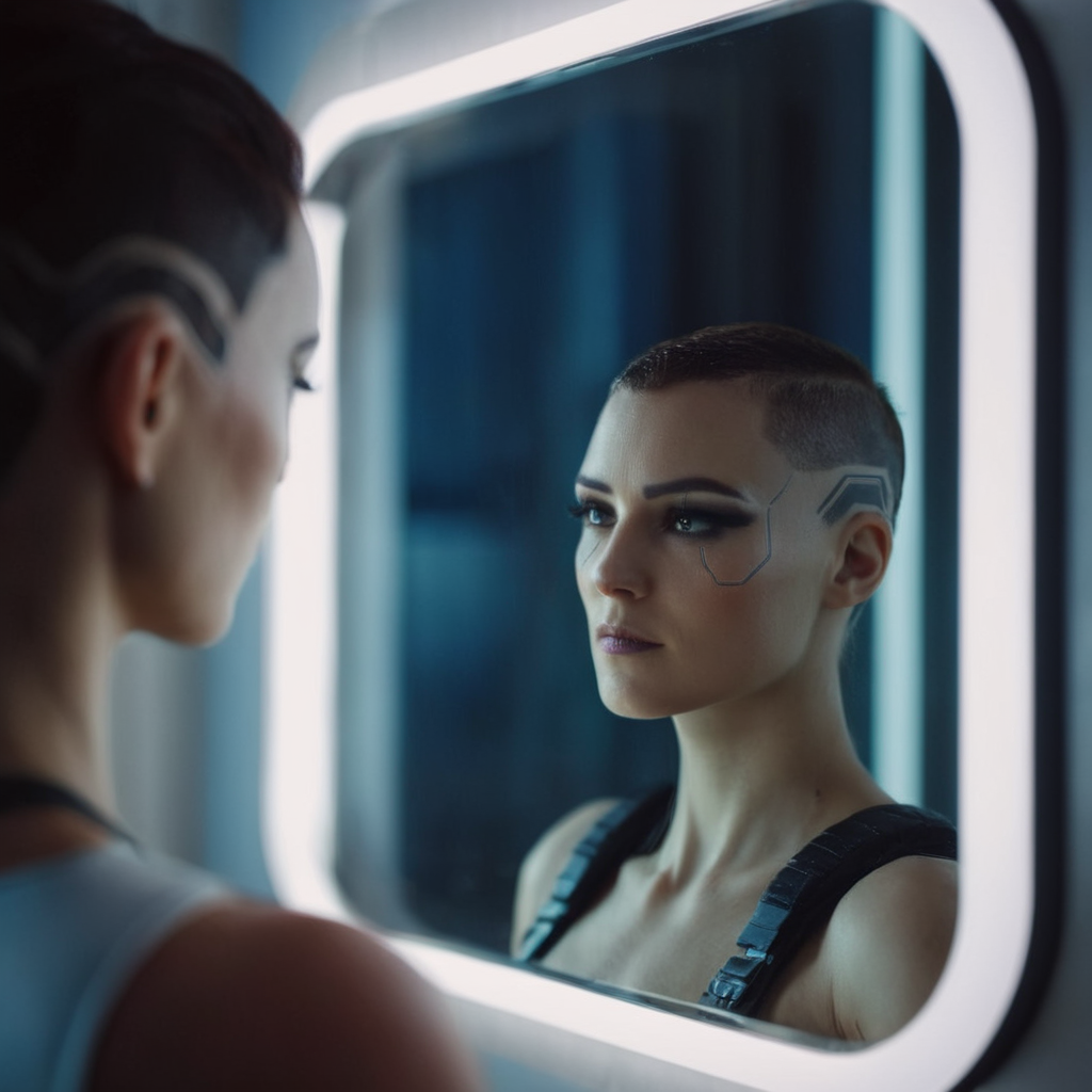 cinematic film still of  <lora:perfection style:0.3>
 <lora:detailed:0.1>
 <lora:Chiaroscuro Lighting Style:0.3>
 <lora:cyberpunk style v2:0.8>
 <lora:Cyberpunk Style:0.1>
In Cyberpunk city a baldwoman in a futuristic suit looking at herself in a mirror, shallow depth of field, vignette, highly detailed, high budget, bokeh, cinemascope, moody, epic, gorgeous, film grain, grainy