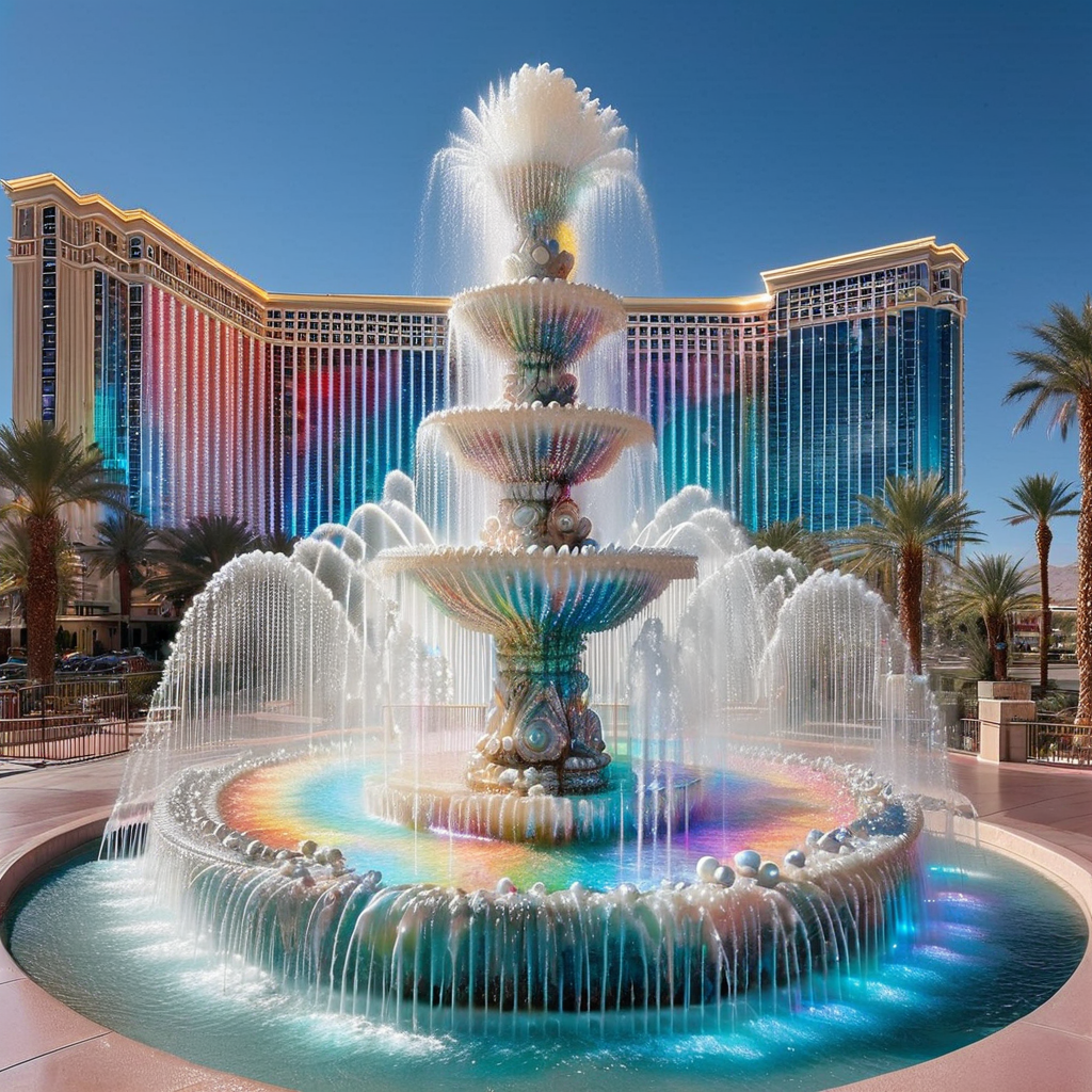 A fantastic fountain made out of Pearlum, colored jets of water, outside a Las Vegas hotel <lora:Pearlum_World_Morph:1>