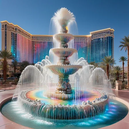 A fantastic fountain made out of Pearlum, colored jets of water, outside a Las Vegas hotel <lora:Pearlum_World_Morph:1>