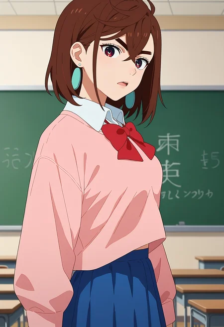 score_9, score_8_up, score_7_up, anime screencap, source_anime, 1girl, solo,
<lora:Momo_Ayase_Dandadan_V2:.85>, KJOmomo, brown hair, dark eyes, medium hair, hair between eyes, thick eyebrows, earrings,
white collared shirt, oversized pink pullover, long sleeves, red bow, blue short skirt, untucked shirt,
arm at side, serious, from side, looking at viewer, open mouth,
classroom, daytime,
(Beautiful, medium Breasts:1.2),