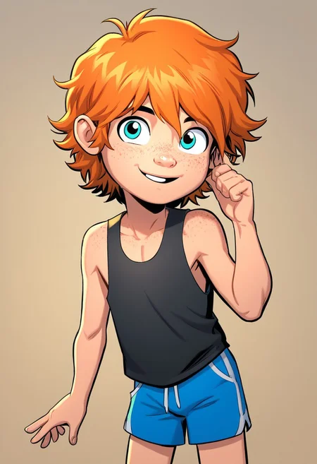 1boy, solo, cute boy, Bailey Briggs, Orange Hair, Blue Eyes, Freckles, Green Eyes, tank top, blue shorts