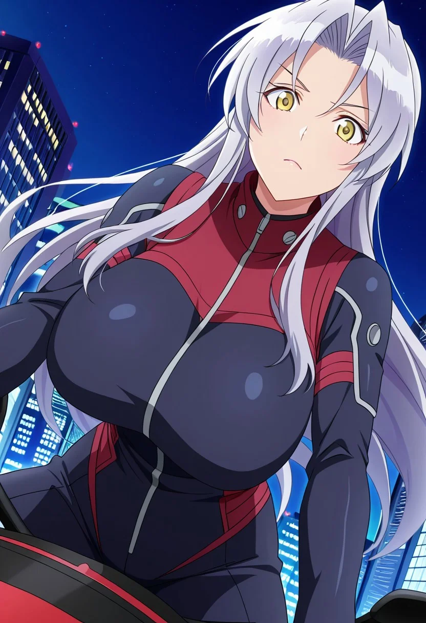 general,highres, ultra-detailed,very aesthetic,best quality ,best hands,best eyes,easynegative,
dynamic anglre, dutch angle, anime cloring,anime screencap,
1girl solo,looking at viewer,city,night,riding on bike,
Mikoto Kiba,grey hair, long_hair, yellow eyes, huge_breasts,open chest rider suit,